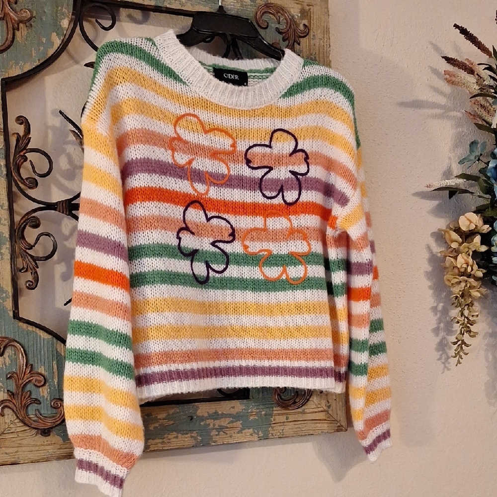 Cider Multicolor Striped Sweater with Floral Accents. NWOT Size Small